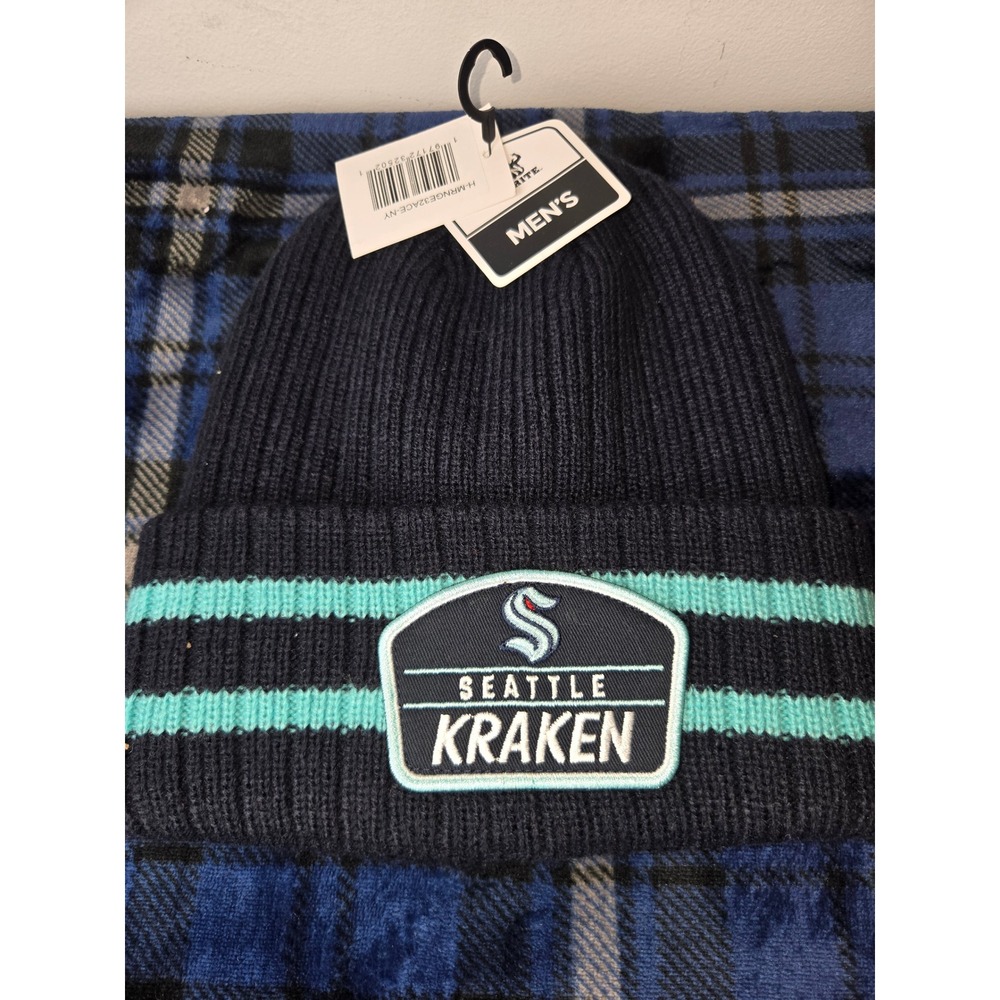 Seattle Kraken NHL Mens Navy/Teal Striped Cuffed Beanie Hat